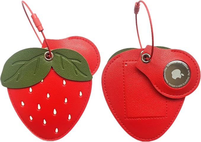 PU Leather Luggage Tag with Airtag Holder Case Set and Name ID Label | Hidden Compartment for AirTag Travel Suitcase Tracking Case with Stainless Steel Loop,Cute Fruit Plant Styles,Strawberry