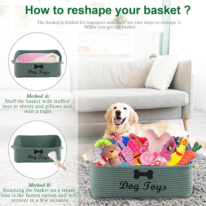Dog Toy Basket-100% Cotton Rope Dog Toy Bin for Living Room Area-Trapezoid Pet Toys Box with Sturdy Handle-Puppy Bed-Dog Stuff Organizer for Pet Toys,Collar,Leash,Blanket-Chew Proof -Green