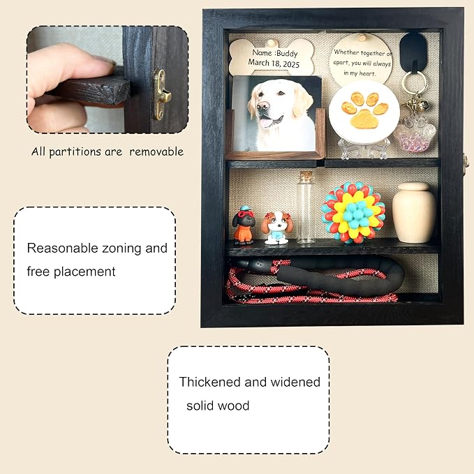Solid Wood 11x14 Pet Memorial Shadow Box Frame with Adjustable Shelves Paw Print Kit Pet Urn Ashes Display Case Black Dog Memorial Gifts for Loss of Dog