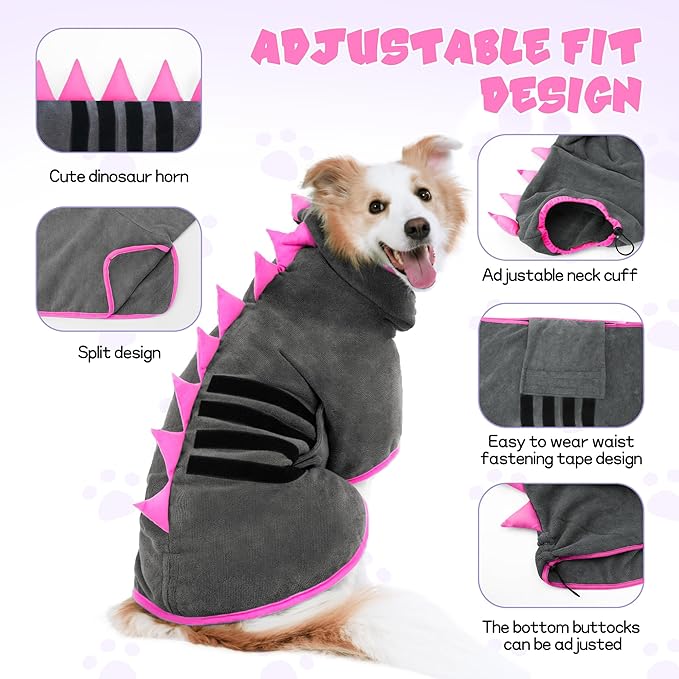 Super Absorbent Dog Bathrobe, Microfiber Bath Robe Towel for Fast Drying, Cozy Fit, Adjustable Belly Strap, Unique Dinosaur Design Dog Drying Coat for Bath, Rainy Walks & Cold Weather