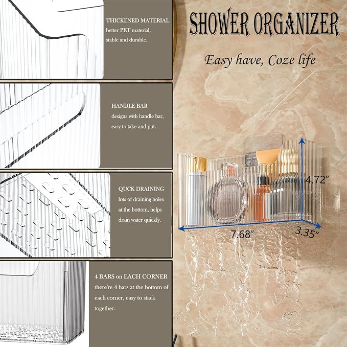 Lae Nuvole Adhesive Cabinet Door Organizer, 2 Pack Wall Shower Caddy, Clear | 4 Adhesive Straps, No Drill Wall Mount, Renter Friendly, BPA-free Stackable; Fits Bathroom, Kitchen, Apartment, Pantry, RVs