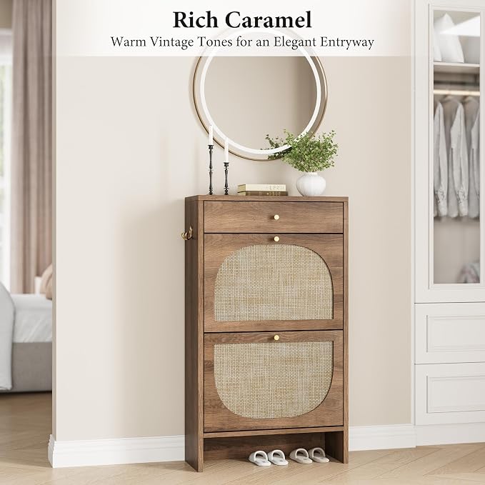 Shoe Cabinet for Entryway, Slim Shoe Rack with 2 Flip Drawers and Top Storage Drawer, Narrow Shoe Organizer with Printed Rattan-Look Design, Entryway Shoe Storage for Size 12+ Shoes, Caramel