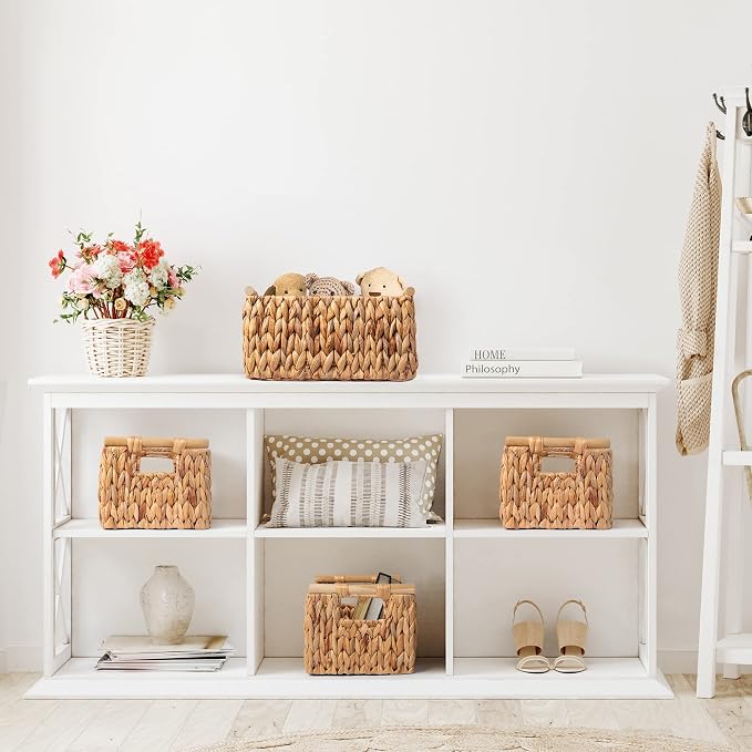 JS HANGER Water Hyacinth Storage Baskets, Handwoven Wicker Shelf Baskets Bin for Organizing Decorative Wicker Baskets with Wooden Handles,12.6"L x 7.9"W x 7.1"H, 2-Pack