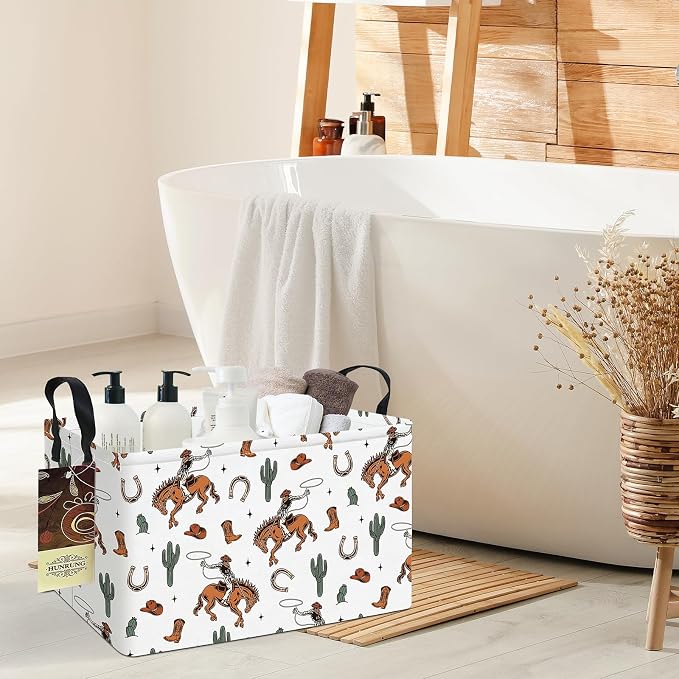 Rectangle Foldable Storage Basket Handles For Home, Cowboy | Waterproof canvas material, reinforced handles, perfect for shelf use, organizes clothes, daily items and pet supplies