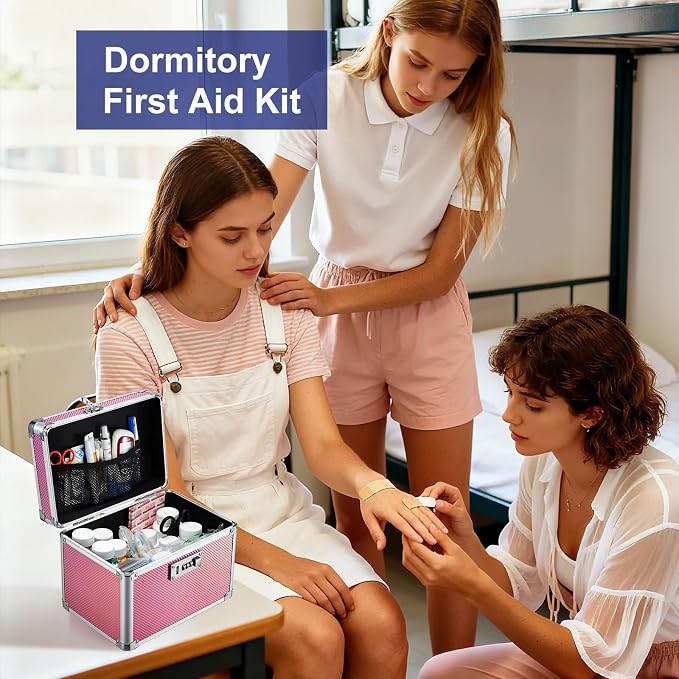 Medicine Lock Box with 3-Digit Combination Lock – Pink Lockable Storage Box for Medication, Small Lock Box for Valuables, 10"x7"x7.9" Locking Medicine Box for Home Travel Dorm