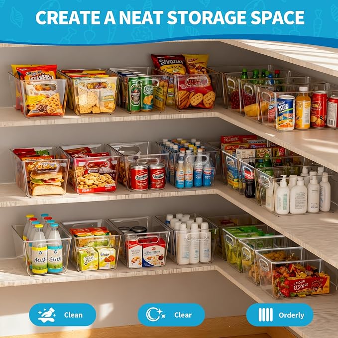 Clear Fridge Organizer Bins with Handles, 4 Pack Large 11.5×7.5×6 Inch | Clear pantry food storage bins with handles, ideal for kitchen, countertops, cabinets, fridge and freezer