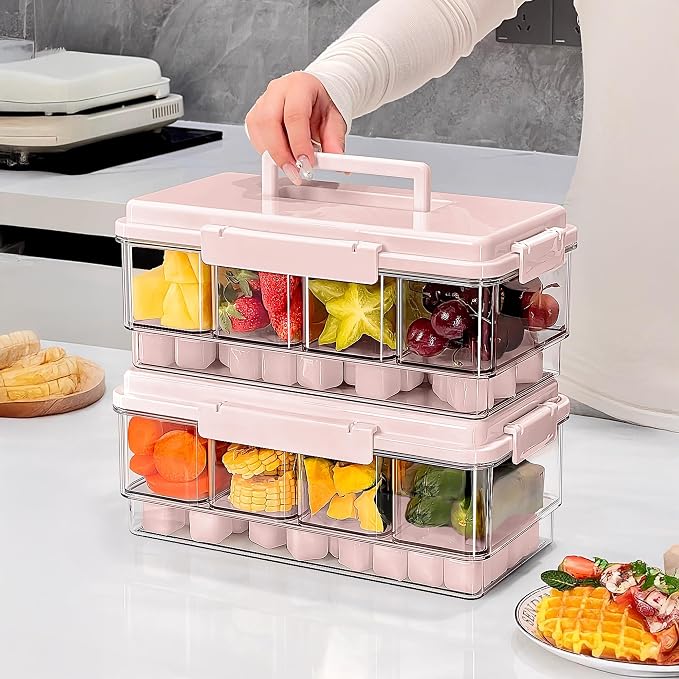 2Pack Chilled Condiment Caddy with 4 Containers 4 Lids Fruit Serving Tray Platter with Handle Portable Snackle Box Organizer Server with Ice Pack for Mimosa Bar Supplies,Salad,Taco,Party Garnish,Pink
