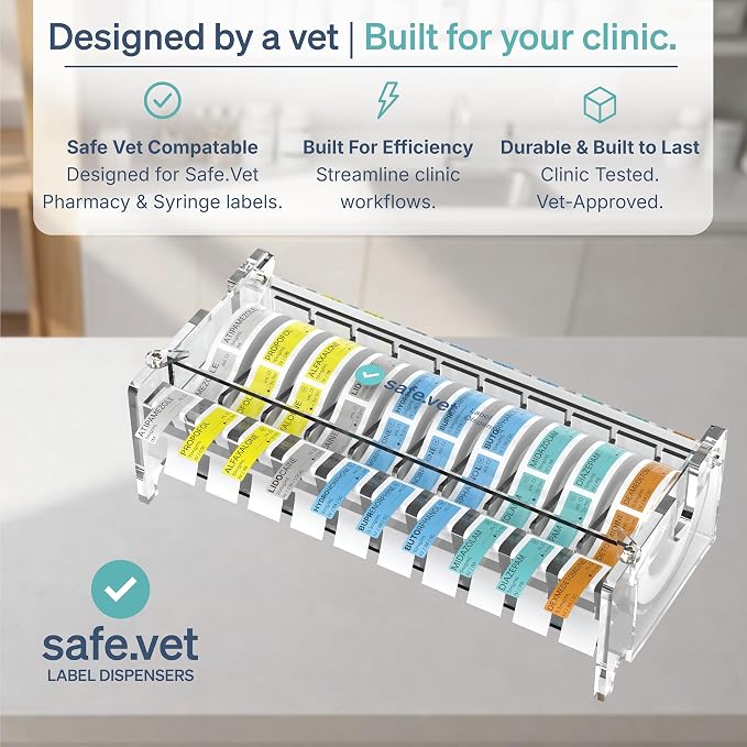 Veterinary Syringe Label Dispenser by Safe Vet | Countertop Injectable & Pharmacy Label Organizer for Vet Clinics, ICU, Surgery & Anesthesia (10 Slots)
