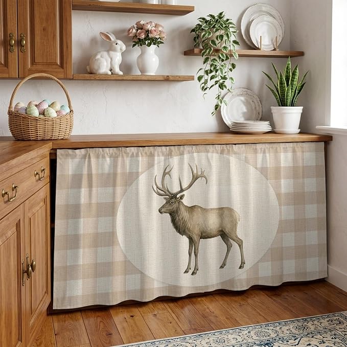 Majestic Buck Sink Skirt for Bathroom, Self-Adhesive Under Sink Curtain, Vintage Natural Buck Rustic Linen Plaid Hide Pipes & Storage Fabric Cabinet Skirt Cover for Kitchen Laundry 32"x55"