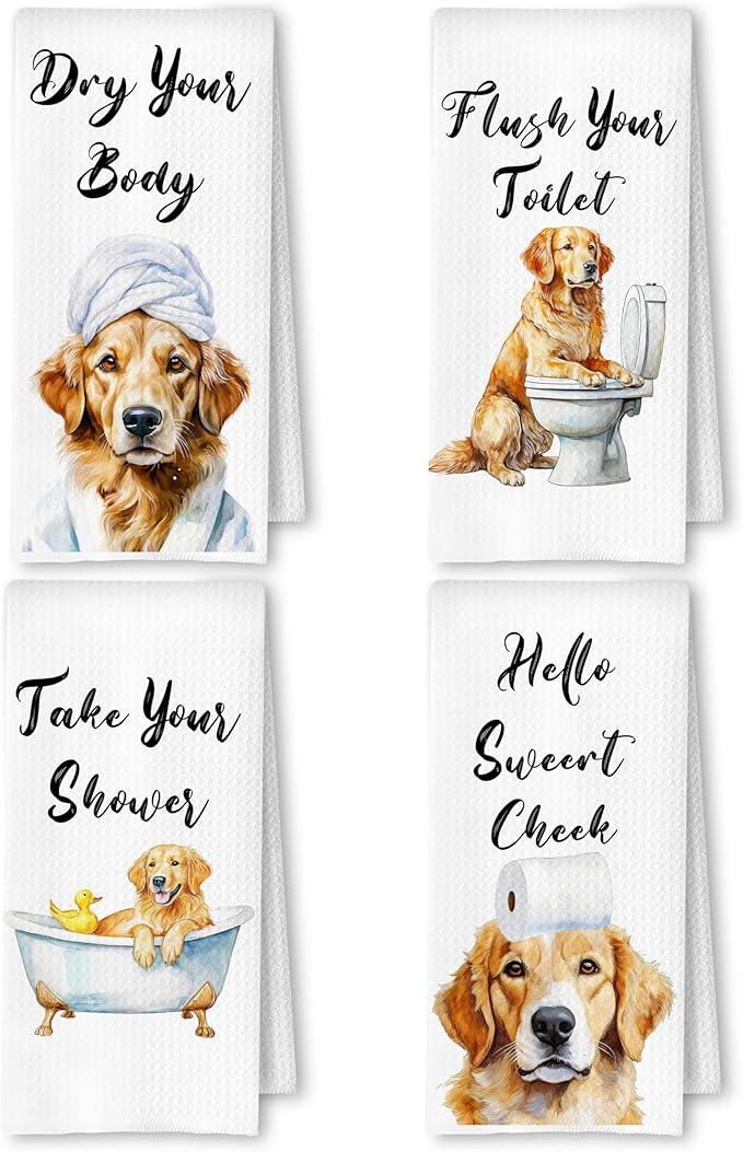 Funny Golden Retriever Hand Towels for Bathroom Washroom, Dog Bathroom Decor, Gifts for Golden Retriever Lovers, Humorous Dog Hand Towels, 16x24 Inch Set of 4