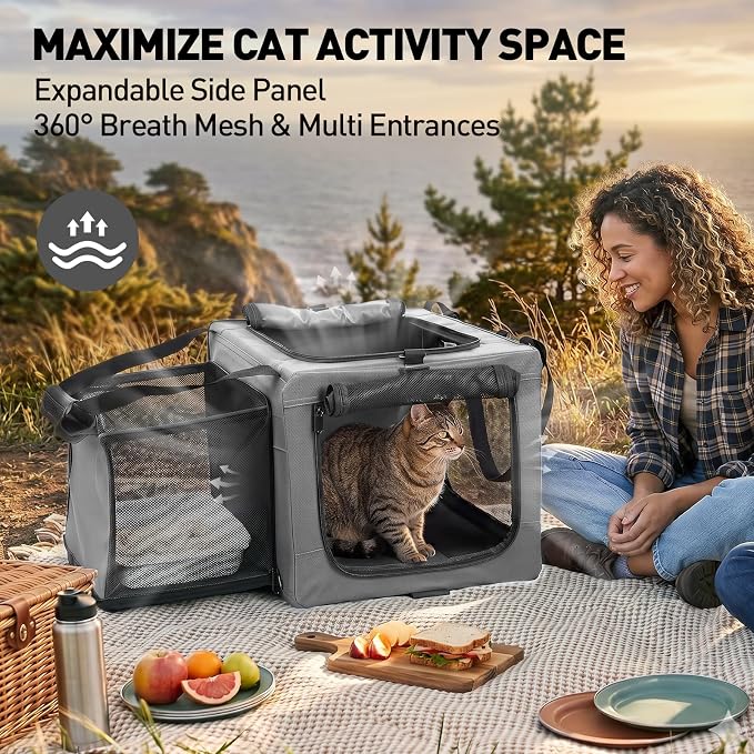 Rolling Cat Carrier with Wheels, 16.5 x 13 x 11.8 in, Light Gray | Expandable, foldable soft-sided carrier with detachable wheels and telescopic handle for cats and small dogs