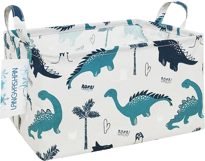 Rectangular Collapsible Storage Basket Nursery Organizer Green Dinosaur | Storage Bin Foldable Canvas with Handles for Organizing Home Kitchen Children Toys Office Closet Shelf Baskets