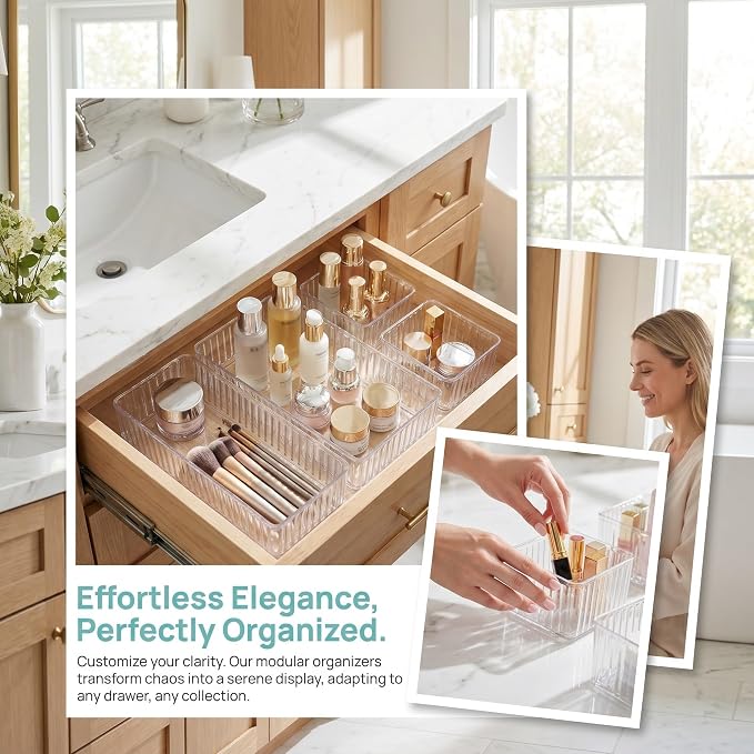 10pcs Pet Makeup Jewelry Organizer Drawer Trays with 4 Sizes, Flexible Divider System and Stackable Design for Bathroom Counter and Vanity Storage