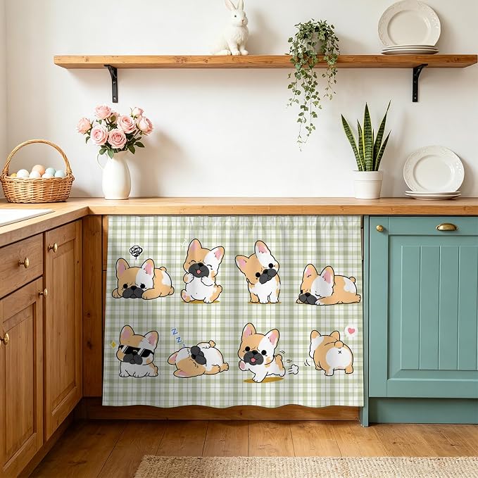 Cute Puppy Oven Skirt Curtain for Kitchen Decor 28"x35", Sage Green Plaid Modern Funny Dogs Pet Self Adhesive Stove Curtains Skirt Cabinet Curtains for Bathroom Laundry Room