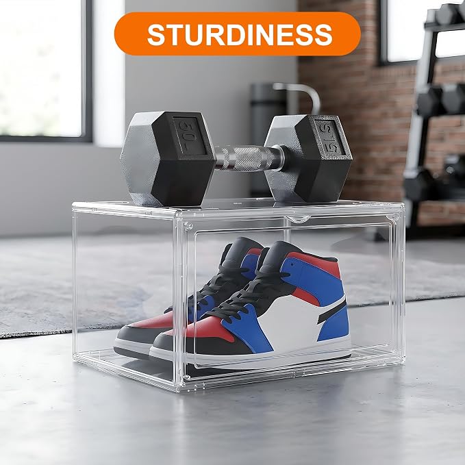 NYZE 12 Pack Acrylic Shoe Boxes Side Open, Clear Shoe Box Plastic Stackable, Shoe Storage Organizer with Magnetic Door, Shoe Display Shoe Containers with Lids Fits Up to Size 15