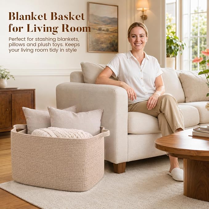 65L Large Woven Blanket Basket for Living Room, 19.7"x15.7"x11.8" | Nursery Laundry Hamper with Handle for Organizing Blankets, Pillows, Toy Storage With Handle, Large Baskets for Organizing
