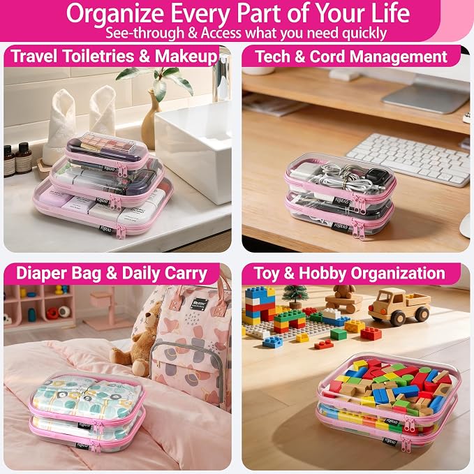 YQBRAO Clear Hard Shell Zipper Cases, 6 Multi-Size Organizers, Pink | Rigid clear shells in three practical sizes organize toiletries, cosmetics, cables, stationery and household essentials