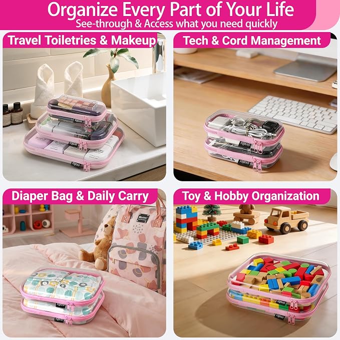 YQBRAO Clear Hard Shell Zipper Cases, 6 Travel Organizers, 2M 4S, Pink | Rigid clear shells in two practical sizes separate toiletries, skincare, cosmetics, chargers and frequently used accessories