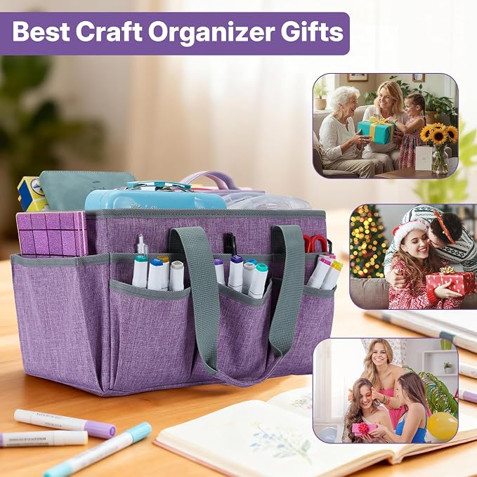 Craft Organizer Tote Bag, Art Storage Caddy with Multiple Pockets | Art Supplies Storage, Sewing Bag, Scrapbooking for School, Home and Office (Purple)