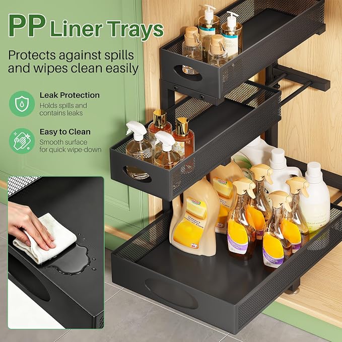Kitstorack Under Sink Organizer 3-Tier Slide Out Drawer 2-Pack Black | Height Adjustable, Metal Mesh Storage Rack, Pull out Cabinet Organizer Shelf for Bathroom Kitchen Pantry Home Organization