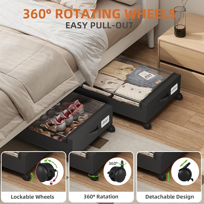 Somdot Under Bed Storage with Wheels, 2 Pack Under Bed Storage Containers | Underbed Shoe Storage Organizer with Clear Lids, Rolling Under The Bed Storage for Clothes, Blankets, Toys, Black