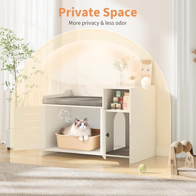 Cat Litter Box Enclosures, Large Hidden Cat Litter Box Furniture with Double Door, Wooden End Table Litter Box Cabinet with Storage Shelf, Cushion & Litter Mat, Dog Proof Design, Modern Cat House