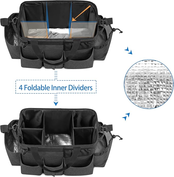 LoDrid Wearable Cleaning Caddy Bag with 4 Foldable Dividers, Black | Cleaning Supply Organizer with Shoulder Strap and Side Handles for Cleaners & Housekeepers