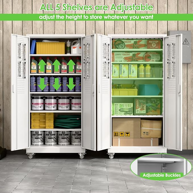 Reemoon White Metal Storage Cabinet with Wheels, Lock and Pegboard | 71 x 32 x 16 in steel cabinet with 5 adjustable shelves, locking doors, casters and door pegboard; assembly required.
