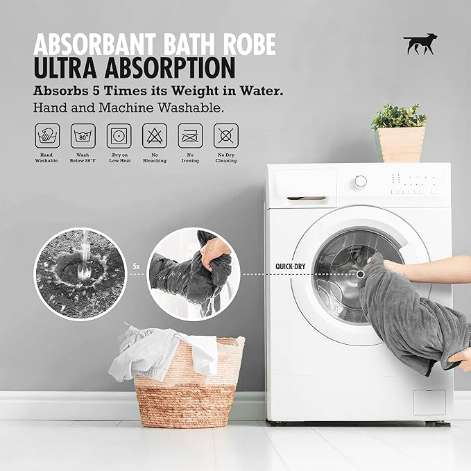 Tuff Pupper Fast Drying Dog Bath Robe | 800 GSM Plush Dog Towel Bathrobe/Dressing Gown | Super Absorbent Pet/Puppy Bathrobe | Adjustable Hood & Belly Strap | Super Soft | Fast Drying (XL, Gray)