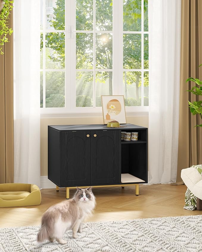 Hzuaneri Cat Litter Box Enclosure, Hidden Litter Box Furniture with Storage | Large Wooden Cabinet with Sisal Mat, Modern Cat Washroom for Living Room, Bedroom, Entryway, Black and Gold CB01504G