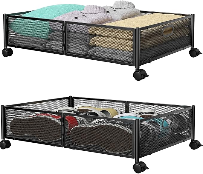 Under Bed Storage with Wheels & Handle,Sturdy Metal,2 Pack,Black | Tool-free assembly, glide smoothly, easy reach, foldable, maxmazie low-profile beds, dorm, keep seasonal clothes, shoes fresh
