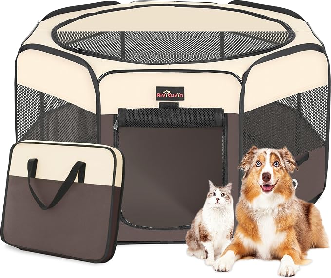 Aivituvin Dog Playpen, Foldable Pet Play Pens with Carrying Bag for Cat, Puppies, Rabbits, Portable Dog Tent Crates Cage for Travel Camping Indoor Outdoor, Removable Shade Cover, Brown L