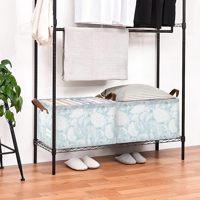 Light Blue Marine Life Turtle Coastal Storage Basket Foldable Cube Storage Bins with Handles&Label Collapsible Organizer Box Bin Large Rectangle Decor Baskets for Shelves Home Living Room Closet, 2 PC
