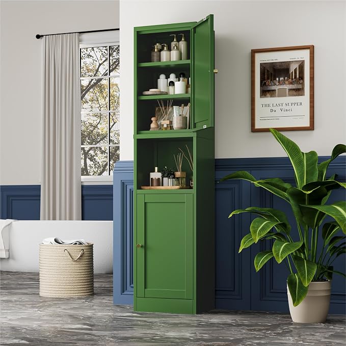 YAUWOH 2-Door Metal Storage Cabinet, Tall Slim Pantry Organizer with 3 Adjustable Shelves (120LBS/Shelf), Anti-Tipping Waterproof Cabinet for Bathroom/Kitchen/Home Office/Small Spaces,(1PC,Green)