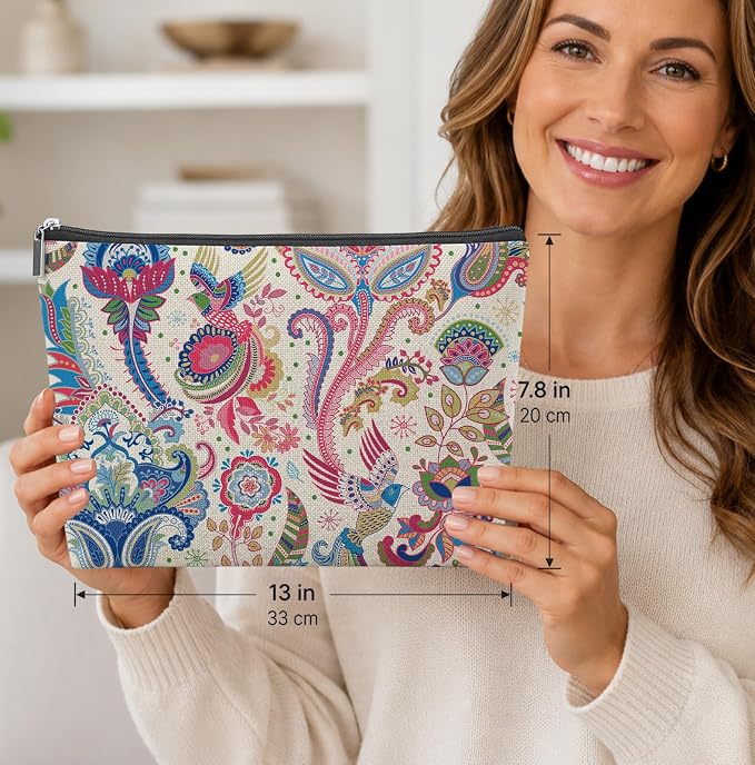 Colorful Paisley Empty Mahjong Tile Bag 13x7.8 Inch | Boho Floral Printed Portable Travel Case Organizer Zipper Pouch for American Mahjong Tiles Game Night Accessories and Gifts