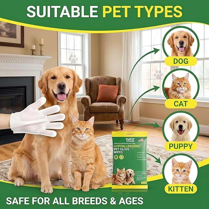 5-Finger Grooming Glove Wipes for Dogs & Cats, Extra Thick Waterless Bath & Deodorizing, Hypoallergenic Rinse-Free Cleaning for Senior, Post-Surgery & Travel - 6 Count (6pcs)
