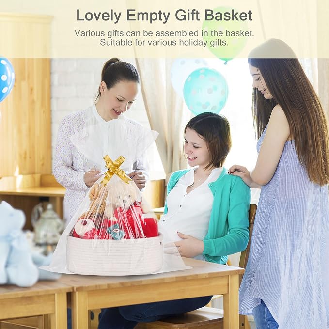 Small Woven Gift Basket with Bag & Ribbons, White | Cotton Rope, 13”x 9”x 5.5”, Fits for Kids, Women & Men, Bedroom, Living Room, Nursery & Bathroom Storage, Cat & Dog Toy Boxes