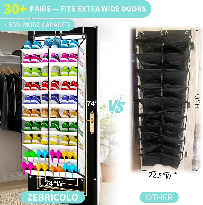 Heavy-Duty over the Door Shoe Organizer, Extra-Wide Large, Holds 30 Pairs & Supports 100lbs, with Reinforced Grommets & Bamboo Rods, Fits Men's Size 12 & Boots, White