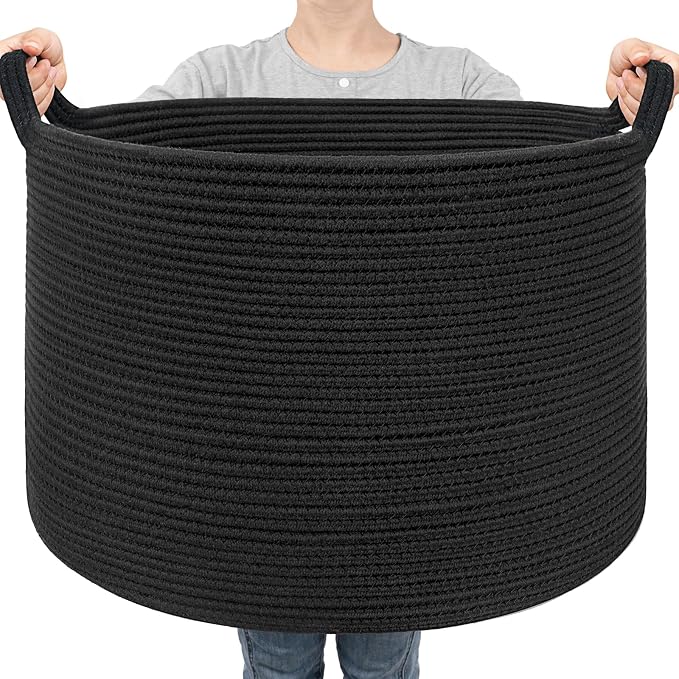 Goodpick Large Woven Dirty Clothes Basket for Nursery & Living Room, 85L | 21.7 x 21.7 x 13.8 In Storage Basket for Nursery, Blanket Basket for Towels Clothes, Black