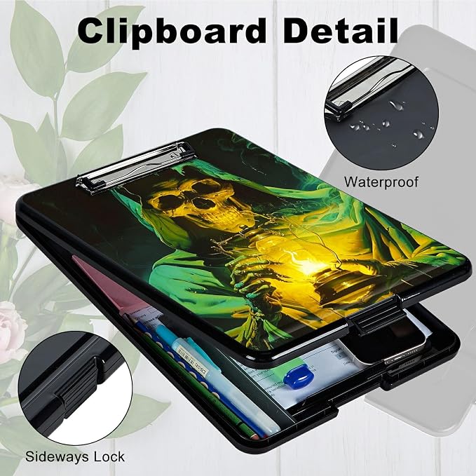 Green Skull Flame A4 Clipboard with Storage Pen Holder, Clipboards Organizer Nursing Clipboard Foldable File Folder Plastic Clipboard Folio Clip Board for Office Students Classroom Doctor
