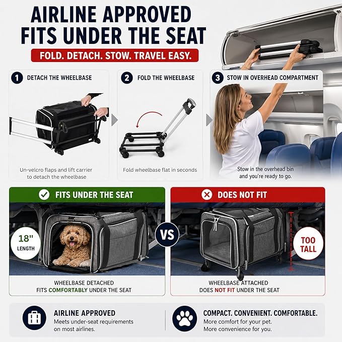 Airline Approved Expandable Premium Pet Carrier on Wheels- Two Sided Expandable Rolling Carrier- Designed for Dogs & Cats- Extra Spacious Soft Lined Carrier! (Grey)