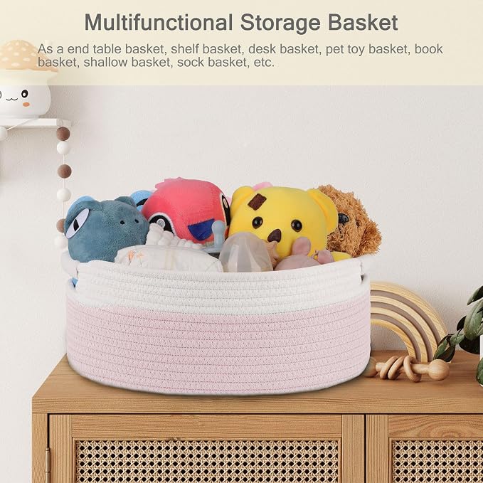 Small Woven Gift Basket with Bag & Ribbons, Light Pink | Cotton Rope, 13”x 9”x 5.5”, Fits for Kids, Women & Men, Bedroom, Living Room, Nursery & Bathroom Storage, Cat & Dog Toy Boxes