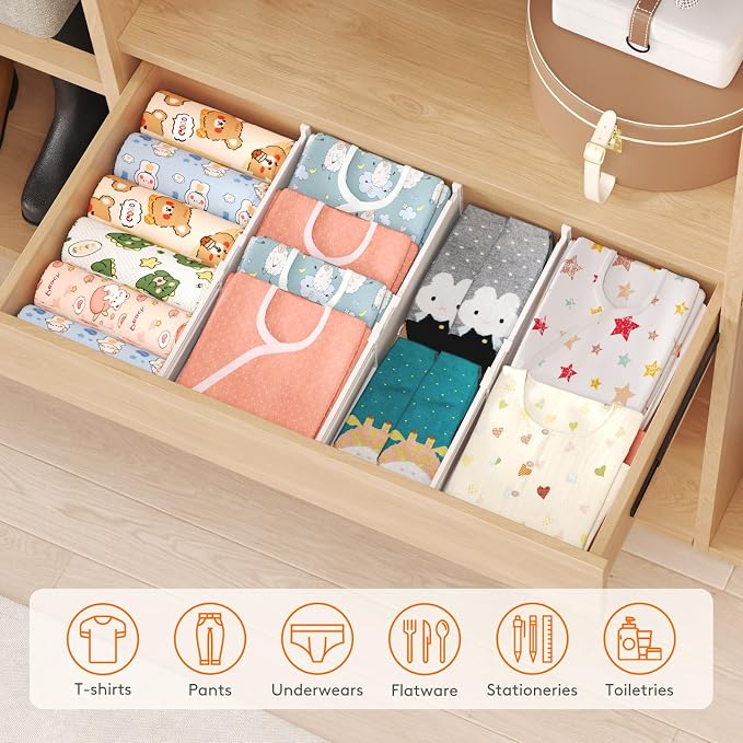 Lifewit 9 Pack 4" High Drawer Dividers, Adjustable Drawer Organizer Clothes | 13.8"-22.2" Expandable White Plastic Separators for Dresser, Kitchen, Cabinet, Nursery, Office, Socks & Underwear Storage