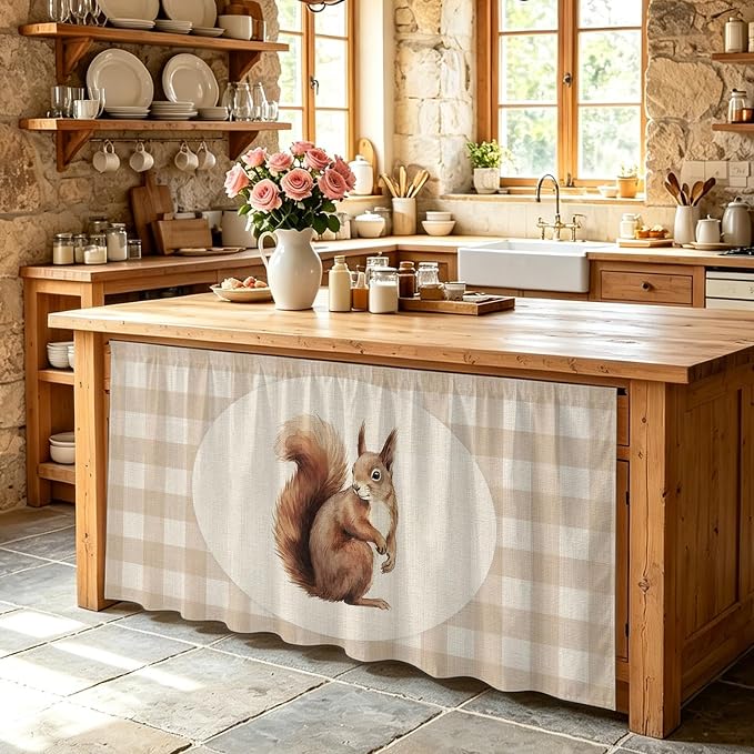 Squirrel Plaid Sink Skirt for Bathroom, Self-Adhesive Under Sink Curtain, Rustic Farmhouse Checkered Retro Animal Hide Pipes & Storage Fabric Cabinet Skirt Cover for Kitchen Laundry 32"x55"