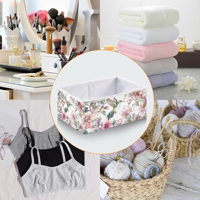 Hummingbird Cube Storage Bins Watercolor Floral Collapsible | Fabric Storage Baskets Large Clothes Organizer Box for Bedroom Living Room Study Room 11×11×11 In