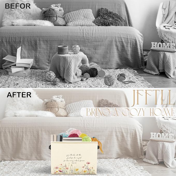 Christian Floral Storage Bins with Handles, Christian Home Decor, Give Thanks to the Lord Bible Verse Collapsible Laundry Basket Storage Box for Home Bedroom Bathroom Clothes Toys Books
