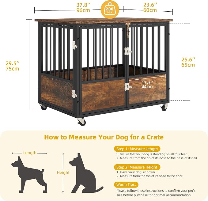 DWVO 38 Inch Dog Crate Furniture with Wheels & Double-Doors | Dog Kennel Indoor Furniture End Table, Farmhouse Decorative Wooden Dog Cage Table, Chew-Resistant, Rustic Brown