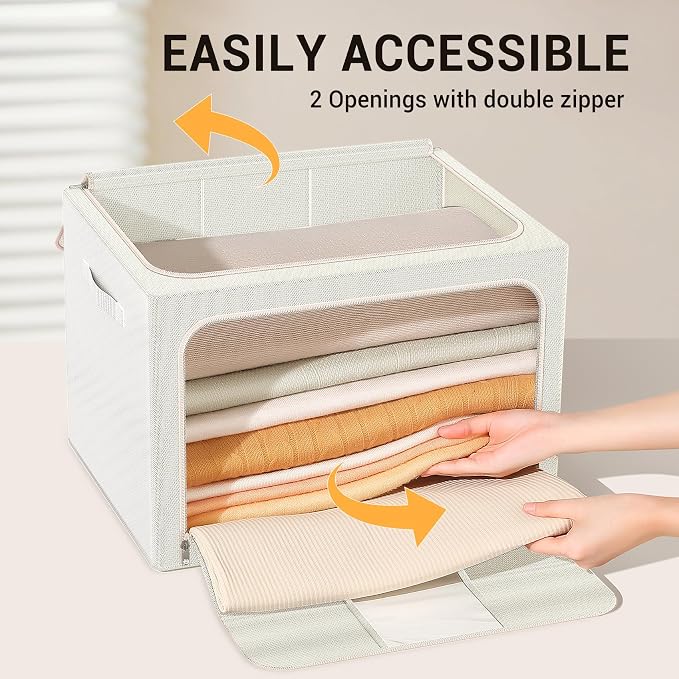 Clothes Storage Bins with Metal Frame, Foldable Clothes Organizers Storage Containers for Clothes, Sheets, Blankets, Pillows and Towels (66L, 3 Pack) Beige