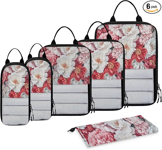 Flower 6 Set Compression Packing Cubes Floral Expandable Packing Organizer for Travel Accessories Luggage Suitcase Bag