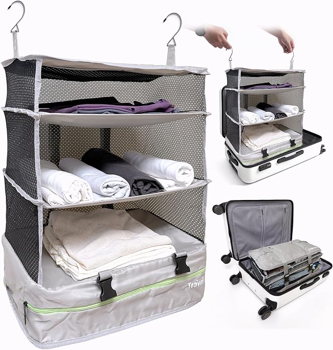 Stow-N-Go Hanging Travel Shelves, Packing Organizer for Luggage. Carry on Closet for Suitcase. Expandable Packing Cube. Travel Essentials. (Light Gray - XL, XL = (L) 17.7" x (W) 11.8")